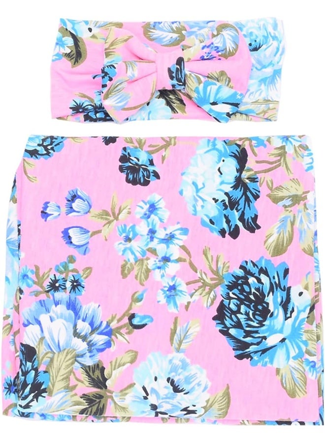 Galabloomer Newborn Receiving Blanket Headband Set Flower Print Baby Swaddle Receiving Blankets Pink Rose - Image 4